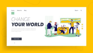 Introvert vs Extravert Web Sitesi İniş Sayfası. Şişman Adam Kutuda Oturup Kitap okuyor, Mutlu İnsanlar Parti Web Sayfası Afişi sırasında iletişim kuruyor ve alkol içiyor. Çizgi film Düz Vektör İllüstrasyonu