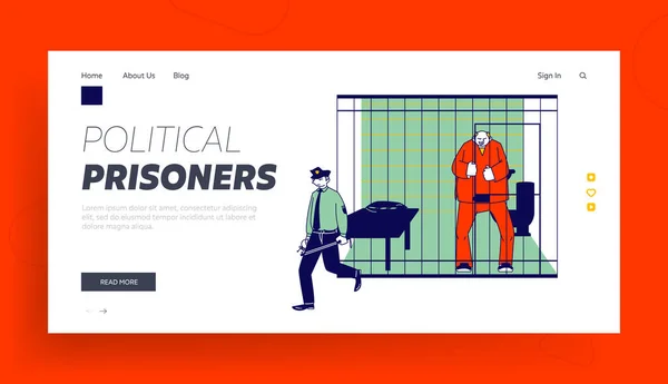 Prisoner in Prison Jail Website Landing Page. Policeman with Stick Passing by Arrested Man in Orange Jumpsuit Stand in Cell Behind of Metal Bars Web Page Banner. Cartoon Flat Vector Illustration — Stock Vector