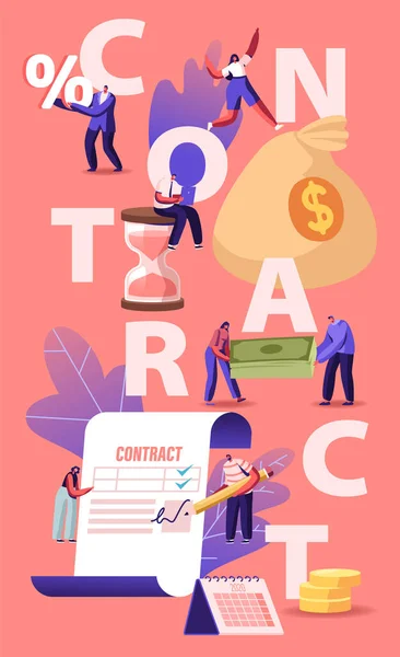 Business People Make a Deal Agreement, Checking and Signing Contract Concept. Man Put Signature on Paper Document with Check Marks Poster Banner Flyer Brochure. Cartoon Flat Vector Illustration — 스톡 벡터