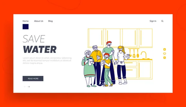 Healthy Lifestyle, People Thirsty Website Landing Page. Big Happy Family of Parents, Grandparents and Boy Stand with Water Glasses Drinking Pure Aqua Web Page Banner. Illustration vectorielle plate de bande dessinée — Image vectorielle