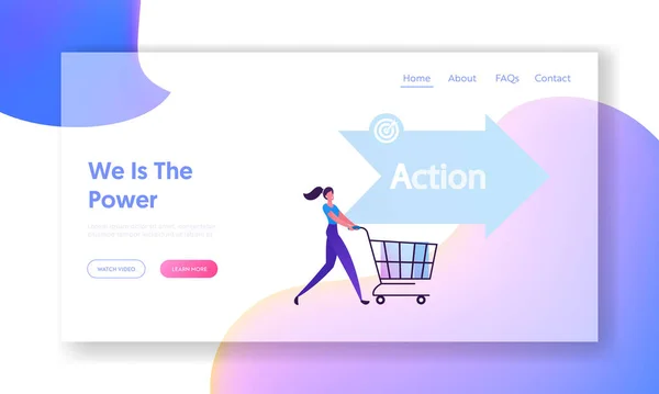 Laman Laman Pendaratan Situs Langkah AIDA. Pembeli Happy Woman Pushing Shopping Cart. Attention Interest Desire Stages in Sales Funnel, Business Strategy Web Page Banner (dalam bahasa Inggris). Ilustrasi Vektor Flat Kartun - Stok Vektor