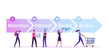 Dikkat, ilgi, arzu ve eylemde 4 aşamalı satış hunisi ile Aida Model. Pazarlama ve Reklamcılık 'ın temel prensipleri. Takım Arkadaşlarıyla İş Sözcüğü Çizgi Film Düz Vektör İllüstrasyonu