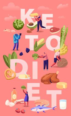 Ketogenic Diyet Konsepti. Dengeli Düşük Karbonhidratlı Sebzeli Erkek ve Kadın Karakterler, Balık, Et, Peynir ve Fındık. Sağlıklı Yeme Afişi Afişi Broşürü. Çizgi film Düz Vektör İllüstrasyonu