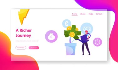 Roi, Yatırım Sitesi İniş Sayfasına Dönüş. İş kadını Ot Yetiştirme Sermayesi 'nde Sulama Doları Fabrikası ve Para İadesi. Para Ağacı Kız Bakımı Web Sayfası Afişi. Çizgi film Düz Vektör İllüstrasyonu