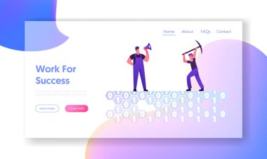 Veri Madenciliği ve İş İstihbaratı İnternet Sitesi İniş Sayfası. İkili Kod Web Sayfası Afişi ile Megafon Kazma Deliği ile Foreman Yönetimi Altında İşçi. Çizgi film Düz Vektör İllüstrasyonu