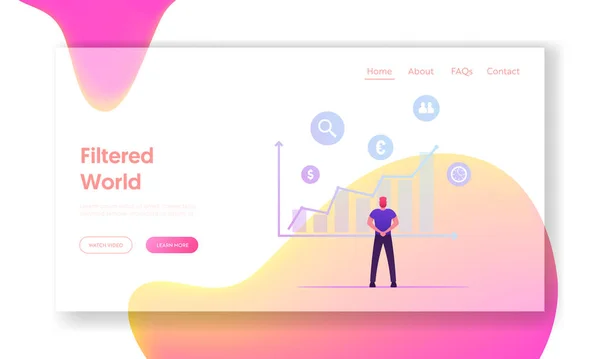 データフィルタと推定ウェブサイトランディングページ.ビッグデータチャート企業の統計、ビジネスWebページにおける生産性の効率性を分析するビジネスマン｜バナー漫画フラットベクトルイラスト — ストックベクタ