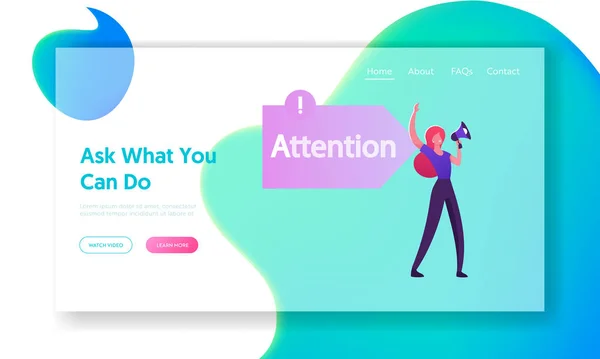 Модель бизнес-маркетинга AIDA - Landing Page. Промоутер кричать на мегафон на знак стрелки с вниманием шаг за исключением желания действий действий на веб-странице Знамя карикатуры плоский вектор иллюстрации — стоковый вектор