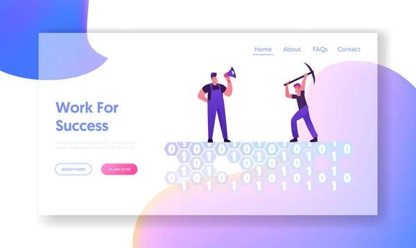 データマイニングとビジネスインテリジェンスウェブサイトランディングページ。バイナリコードのWebページバナーを使用して地上メガホン掘削穴を持つフォアマンの管理下の労働者。漫画フラットベクトルイラスト — ストックベクタ