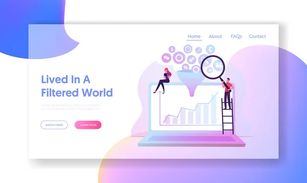 Big Data Funnel Filter Ιστοσελίδα Landing Page Επιχειρηματίες με Μεγεθυντικό Γυαλί και Tablet Pc Καθισμένος σε τεράστιο φορητό υπολογιστή με αυξανόμενο γράφημα βέλους στην οθόνη Web Page Banner Cartoon Flat Vector Illustration — Διανυσματικό Αρχείο