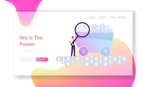 Data Mining Machine Coding Algorithm Website Landing Page. Businessman with Huge Magnifying Glass Stand at Trolley with Binary Code Digits Datum Web Page Banner. Cartoon Flat Vector Illustration — 스톡 벡터