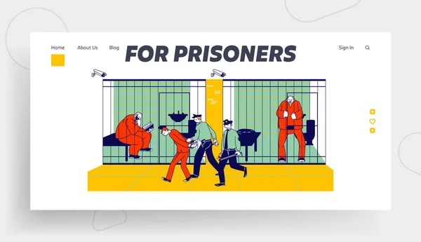 Vězni ve vězeňské věznici a policisté Webové stránky přistání. Lidi v oranžových kombinézách v cele. Zatčení odsouzenci stojí za bannerem webových stránek kovových tyčí. Cartoon Flat Vector Illustration — Stockový vektor