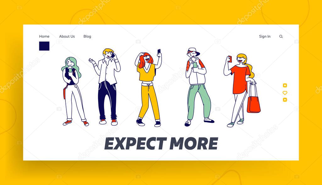 Teens Smartphone Addiction Website Landing Page. Young Men and Women Holding Mobile Phones. People Chatting, Texting, Reading Newsfeed on Social Media Web Page Banner. Cartoon Flat Vector Illustration