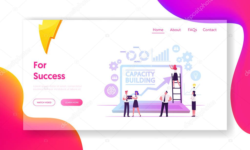 Capacity Building Website Landing Page. Team of Business People Working around of Huge Laptop with Growing Arrow on Screen. Development Strategy Web Page Banner. Cartoon Flat Vector Illustration