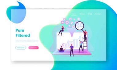 Yaratıcı Süreç, Büyük Veri Filtresi, Analiz Tüneli Web Sitesi İniş Sayfası. İş Simgeleri ve Huni Web Sayfası Afişi ile Dev Laptop 'un etrafında çalışan iş adamları. Çizgi film Düz Vektör İllüstrasyonu