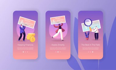 Maaş çeki ve Maaş Mobil Uygulama Sayfası Ekran Ayarları. Çalışanlar, Bankacılık Çekiyle, Web sitesi veya Web Sayfası için Para Alma Fişi ile, Çizgi Film Düz Vektör İllüstrasyonuyla Kazanıyorlar