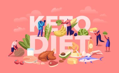 Ketogenic Diyet Konsepti. Dengeli Düşük Karbonhidratlı Sebzeli Erkek ve Kadın Karakterler, Balık, Et, Peynir ve Fındık. Sağlıklı Yeme Afişi Afişi Broşürü. Çizgi film Düz Vektör İllüstrasyonu