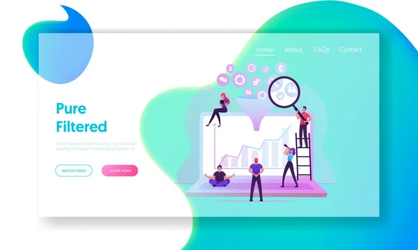 Kreativ process, Big Data Filter, Analystunnel webbplats Landning sida. Affärsmän Arbeta runt i enorma bärbara dator med affärsikoner och tratt webbsida Banner. Tecknad platta vektor Illustration — Stock vektor