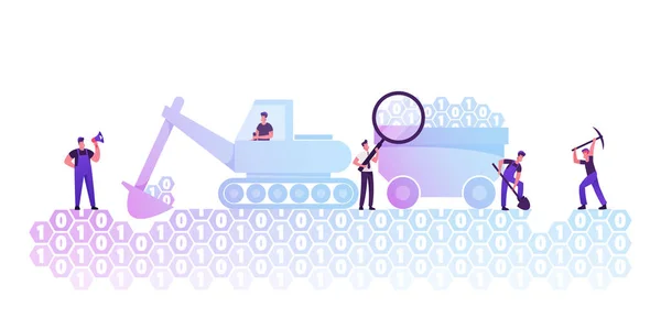 Data Mining Concept. Workers with Pickaxe, Spade and Excavator Digging Binary Code Ground under Management of Foreman. Useful Informational Resource Machinery Research Cartoon Flat Vector Illustration — 스톡 벡터