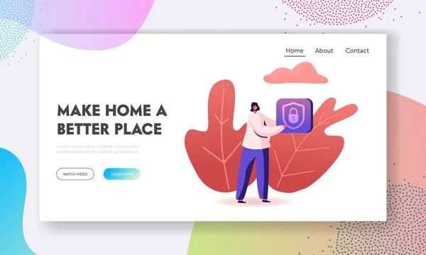 Control Smart Home Devices through Wireless Connection Website Landing Page. Woman Holding Icon of Padlock inside of Shield. Iot Secure House System Web Page Banner. Cartoon Flat Vector Illustration — 스톡 벡터