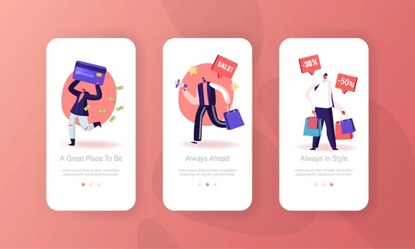 Totaal Verkoop Mobiele App Page Onboard Screen Set. Special Shopping Aanbieding Promotie in Store, Korting en Prijs Off Day, Shopper Activiteit Concept voor Website of webpagina, Cartoon Flat Vector Illustratie — Stockvector