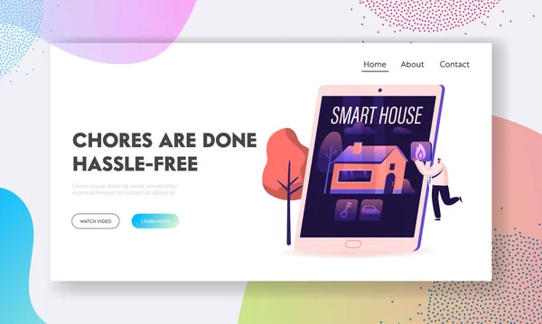 Smart House Website Landing Page. Tiny Man Stand on Ladder Put Fire Icon on Huge Tablet Touch Screen with Home Building Image, Iot Mobile Application Web Page Banner. Cartoon Flat Vector Illustration — 스톡 벡터