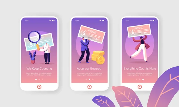 Paycheck Cash Mobile App Page Onboard Screen Set. People Win Money Prize, Lottery Winning, Get Salary Payment with Banking Cheque Concept for Website or Web Page, Cartoon Flat Vector Illustration — 스톡 벡터