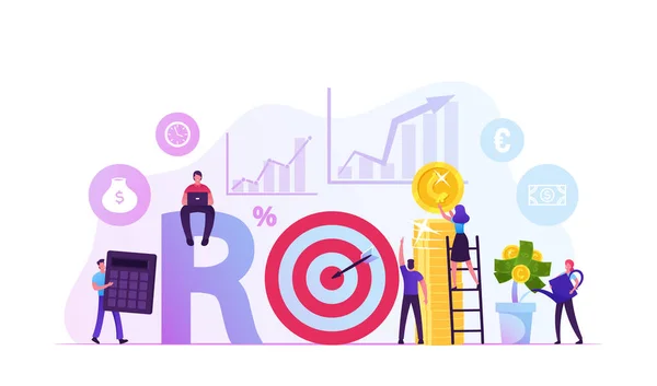 Rendement van investeringen, Roi, Market and Finance Business Analysis and Growth Concept. Mensen krijgen restitutie voor Storting, Investeer Geld Digitale Marketing Winst Rijkdom Kapitaal Cartoon Flat Vector Illustratie — Stockvector