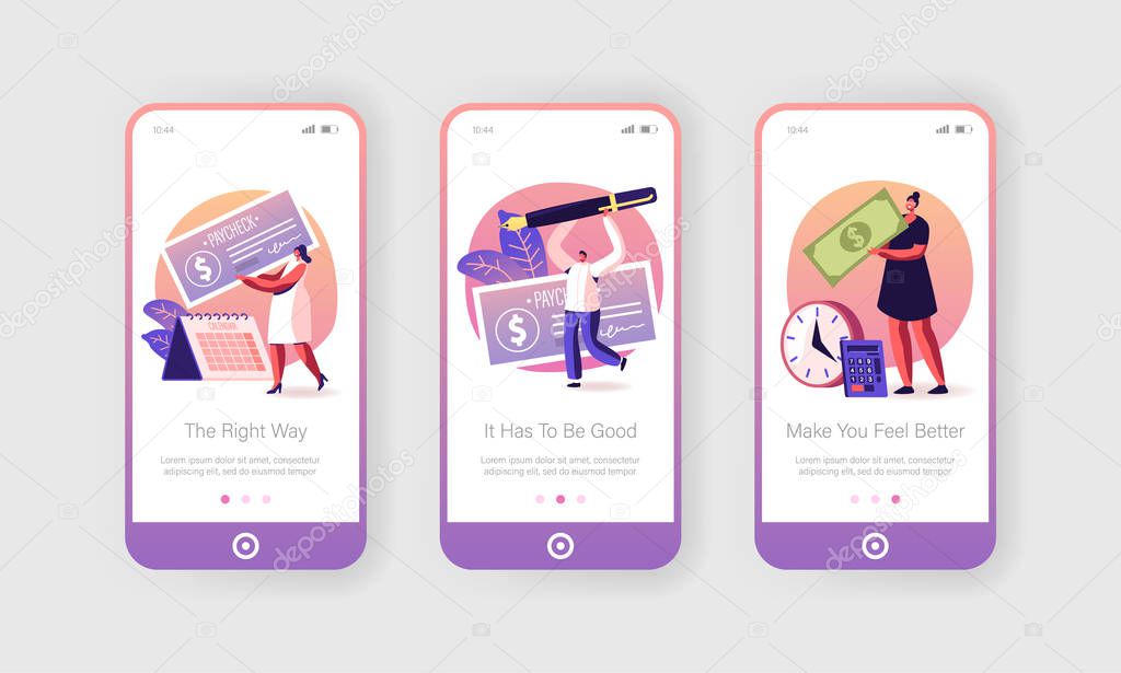 People Getting and Signing Paycheck Mobile App Page Onboard Screen Set. Calendar with Payday, Bank Loan or Tax Payment, Lottery Win Concept for Website or Web Page, Cartoon Flat Vector Illustration