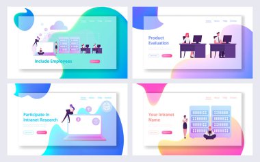 Intranet Private Corporate Network Web Sitesi İniş Sayfası Set. İş Adamları Ofisi çalışanları Bulut Sistemi ve İnternet 'i Şirket Web Sayfasında Çalışmak İçin Kullanıyor. Çizgi film Düz Vektör İllüstrasyonu