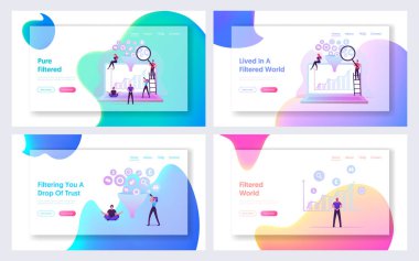 Büyük Veri Filtresi Web Sitesi İniş Sayfası Ayarlandı. Funnel ile Veri Analizi Kurumsal İstatistikleri ve Graph, Çalışma Süreci Web Sayfası Çizgi Filmi Düz Vektör İllüstrasyonu ile çalışan İş Adamları