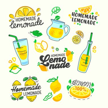 Ev yapımı Lemonade Set Typography ve Doodle Elements. Sarı Limon Meyveleri, Cam Şişeler ve Tatlı İçecekle Süslü Paket Kağıdı, Beyaz Arkaplan Vektörü Resimlerinde Yazdırma Tasarımı