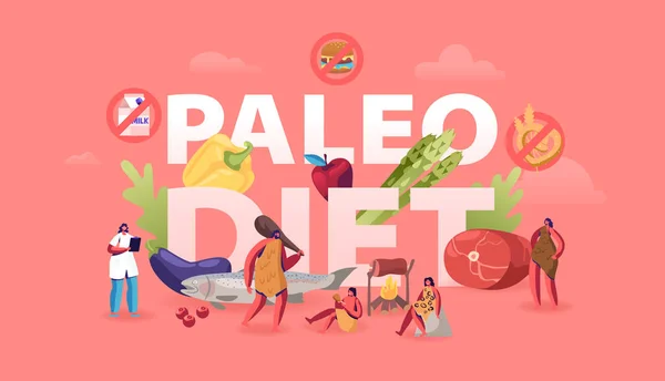 Paleo Diet Healthy Eating Concept. Cave People and Doctor Nutritionist Walking around of Products Seafood Meat Water Vegetable and Fruits Poster Banner Flyer Brochure. Cartoon Flat Vector Illustration — 스톡 벡터