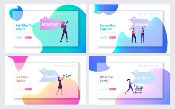 AIDA Foundation Principles in Marketing and Advertising Website Landing Page Set. Business Word of Team People Attention Interest Desire Action Stages Web Page Banner. Cartoon Flat Vector Illustration — 스톡 벡터