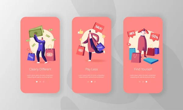 Karaktärer Göra Shopping Mobile App Page Onboard Screen Set. Säsong Försäljning, Rabatt, Shopaholic med inköp i papperspåsar i butik koncept för webbplats eller webbsida tecknad platt vektor Illustration — Stock vektor
