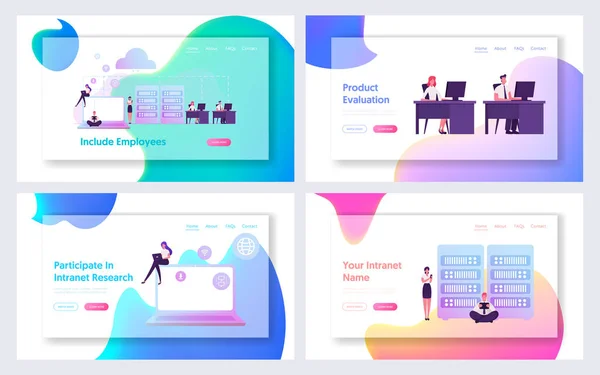 Intranet Private Corporate Network Sito web Landing Page Set. Business People Office Workers Utilizzo del sistema cloud e di Internet per lavorare in azienda Web Page Banner. Illustrazione del vettore piatto del fumetto — Vettoriale Stock