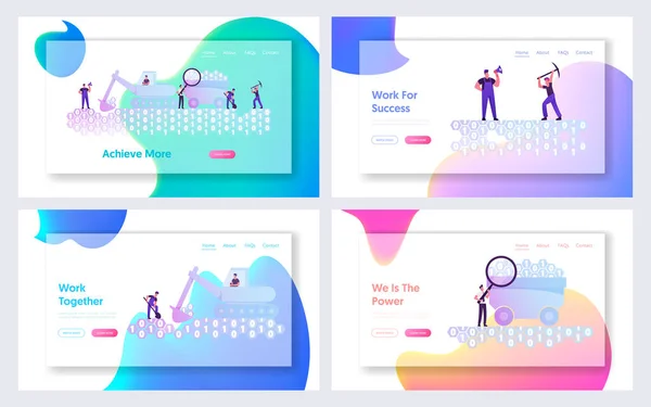 Data Mining, Informational Resource Research Sito web Landing Page Set. Lavoratori Scavando Codice Binario con Spade, Piccone ed Escavatore, Datum Extraction Web Page Banner. Illustrazione del vettore piatto del fumetto — Vettoriale Stock