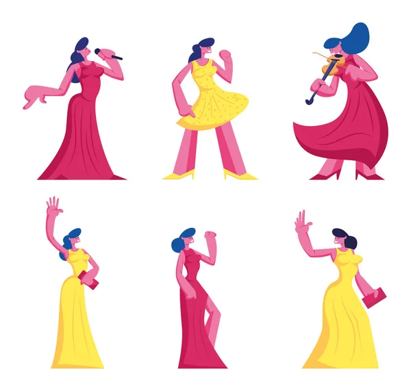 Set of Young Women in Beautiful Dresses Isolated on White Background. Female Character Perform on Stage with Microphone, Playing on Violin, Visiting Event Cartoon Flat Vector Illustration, Clip Art — 스톡 벡터