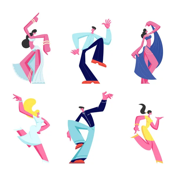 Ensemble de personnages masculins et féminins dansant isolés sur fond blanc. Joyeux hommes et femmes portant des vêtements festifs corps en mouvement sur disco. Filles Belly Dance Hobby dessin animé plat vectoriel Illustration — Image vectorielle