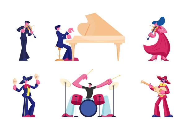 Set of Artists and Musicians Isolated on White Background. People Characters Playing Music on Different Instruments Grand Piano, Drum Kit, Violin, Maracas and Guitar. Cartoon Flat Vector Illustration — Stock Vector