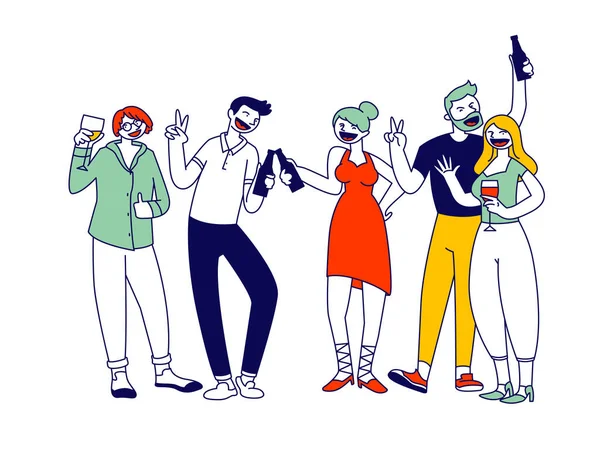 Group of Young Men and Women Holding Glasses and Bottles with Beverages Celebrating Holiday Drink Alcohol Cocktail and Communicating on Birthday Party or Festive Event Cartoon Flat Vector Illustration — 스톡 벡터