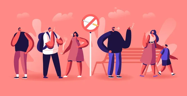 Smoking Addiction Concept. People Smoke Cigarettes in Public Place near Prohibited Sign in Park. Characters Have Bad Habit, Angry Woman with Child Admonish Smokers Cartoon Flat Vector Illustration — 스톡 벡터