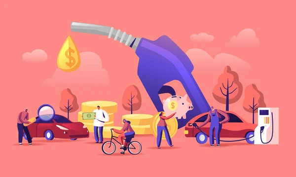 Petrol Economy Concept. Car Refueling on Fuel Station. Man Pumping Gasoline Oil. Service Filling Gas or Biodiesel Into Tank. Automotive Industry or Transportation Cartoon Flat Vector Illustration — Stock Vector