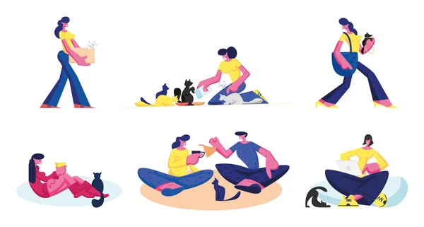 Set of People Spend Time with their Pets. Male and Female Characters Care of Cats and Dogs Isolated on White Background. Man and Woman Feeding, Playing with Animals Cartoon Flat Vector Illustration — 스톡 벡터