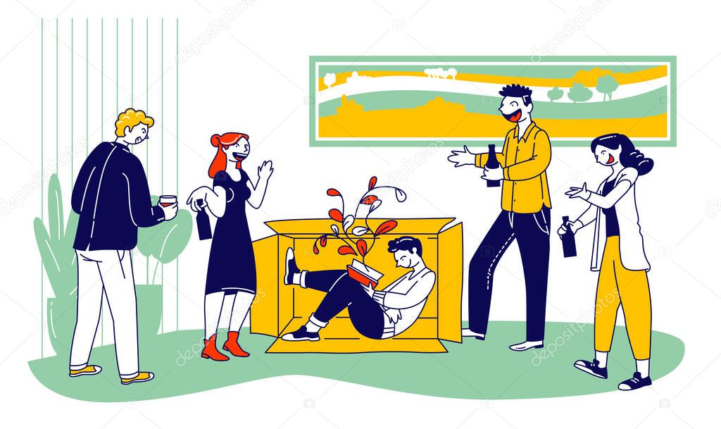 Introvert Vs Extravert Concept. Introverted Male Character Sitting inside of Box Reading Book while the rest People Happy Men and Women Communicate and Drink Alcohol Cartoon Flat Vector Illustration