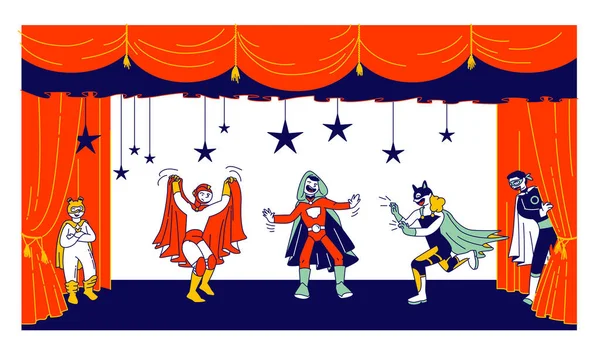 Children Actors in Super Hero Costumes Performing Fairy-Tale on Stage during Talent Show (en inglés). Colegiales talentosos — Archivo Imágenes Vectoriales