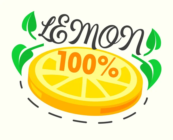 Cartaz de limão com fatias de frutas cítricas e folhas verdes. Adesivo para pacote, bandeira colorida criativa — Vetor de Stock