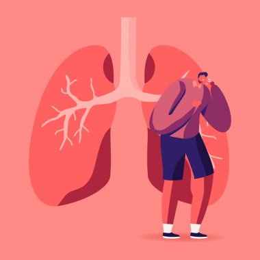 Man Coughing near Huge Diseased Lungs, Pulmonology Inspection, Respiratory System Examination Healthcare and Tuberculosis Treatment Concept. Respiratory Problems Cartoon Flat Vector Illustration