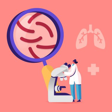Tiny Doctor Watching to Microscope Learning Microbes and Checking Lungs Sputum on Pulmonology, Fibrosis Tuberculosis Pneumonia Bacteria and Germs, Cancer Diagnosis Cartoon Flat Vector Illustration