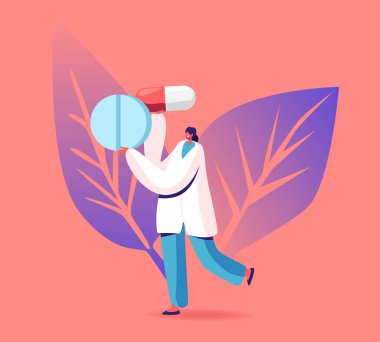 Female Doctor Carry Huge Medicine Pills. Tuberculosis, Flu and Season Illness Prevention, Disease Treatment, Pandemic Spreading Concept. Painkiller or Antibiotic Drugs Cartoon Flat Vector Illustration