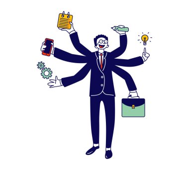 Business Man with Many Hands Multitasking and Self-employment Concept. Businessman Doing Multiple Tasks Holding Office Supplies in Arms, Busy Work Deadline Cartoon Flat Vector Illustration, Line Art